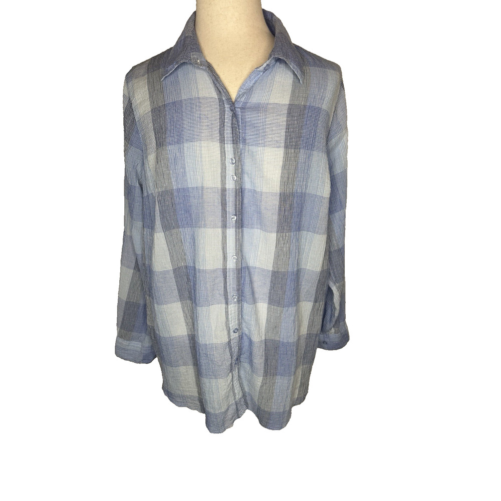 JMS Women’s Long Sleeve Roll Tab Button Up Blouse Size 3XL Light Blue Plaid